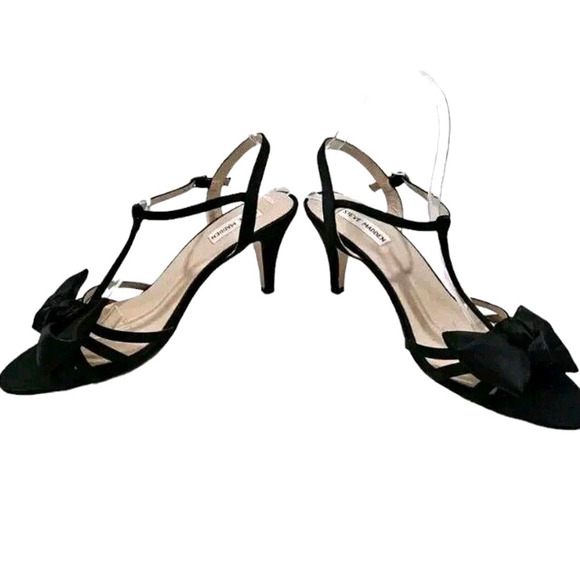 Steve Madden Gramicy Satin Bow Heels T-Strap Black Formal Size 10M FABRIC UPPER - Picture 5 of 9